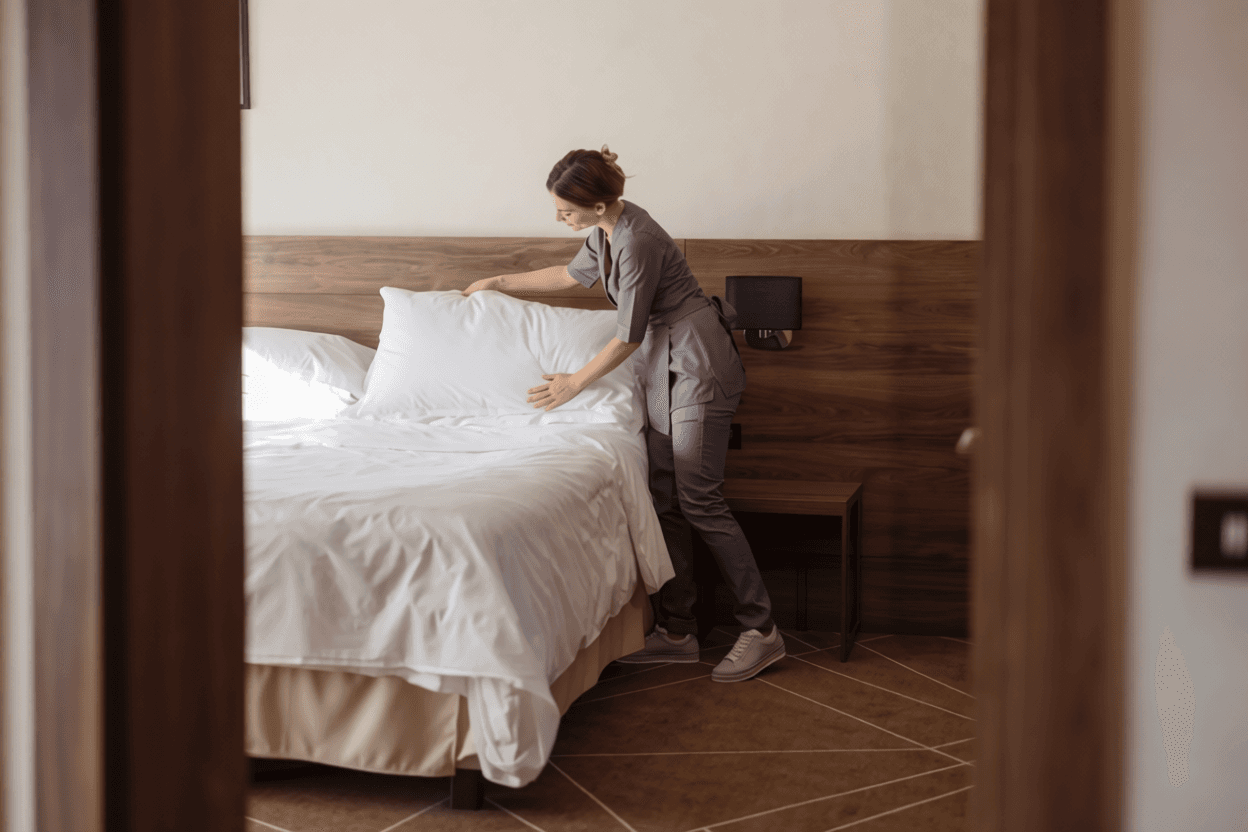 Hotel housekeeper making up a luxury guest room bed