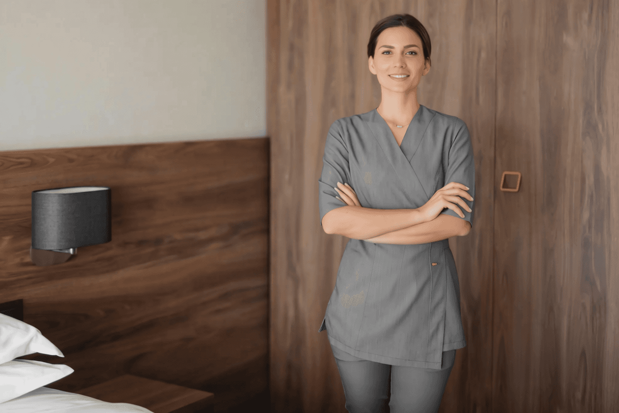Smiling hotel housekeeper in uniform making up a guest room bed