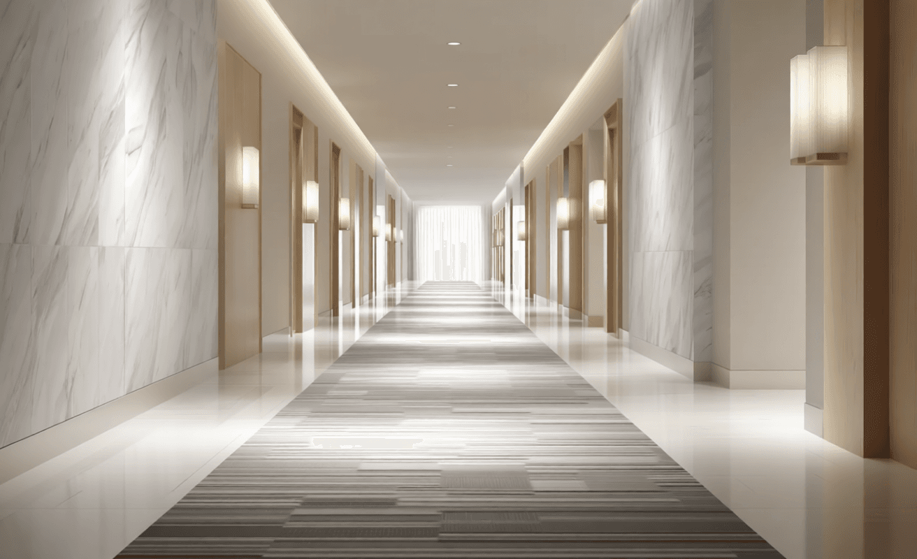 Hotel staff team gathered in hotel conference room for morning briefing